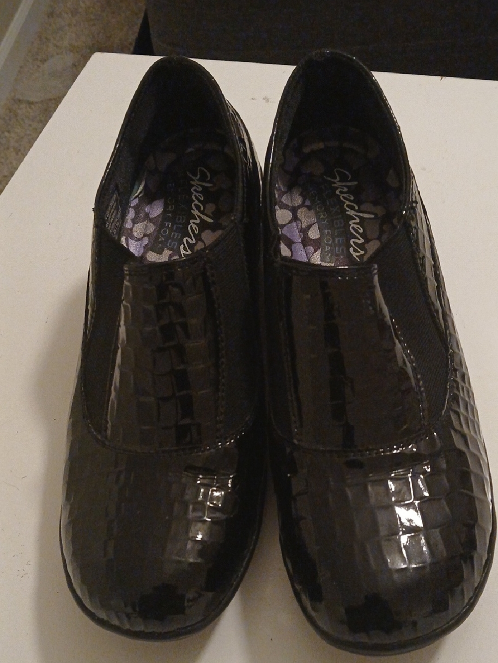 Skechers Black Croc-Embossed Patent Slip-Ons